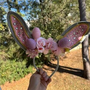 Floral Bunny Ear Headband - Pink and Gray